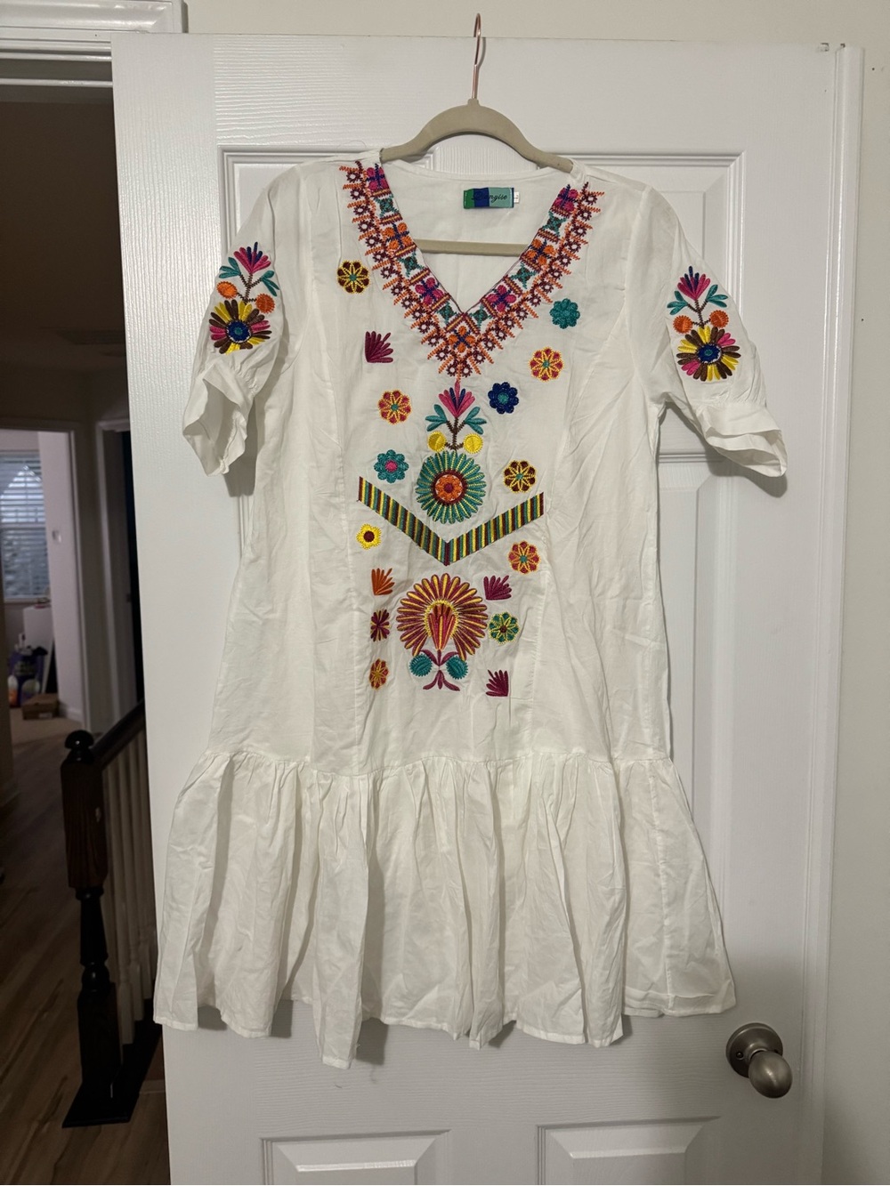 White Embroidered V-Neck Tunic with Multicolor Floral Accents